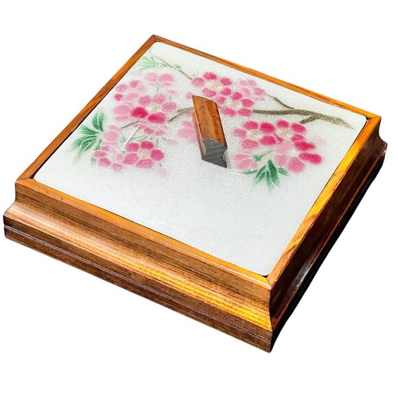 Sakura Cherry Blossom Enamel & Wooden Box With enamel Lid - Picture 1 of 12
